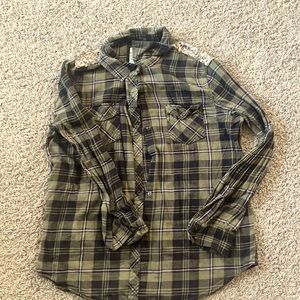 Button up hunter green plaid, long sleeve shirt